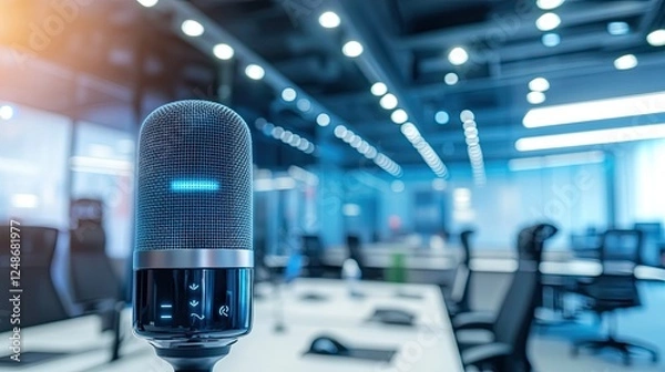 Fototapeta Smart microphone device in a modern workspace background concept