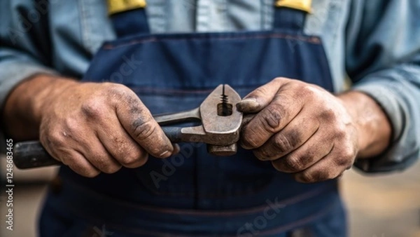 Fototapeta A medium closeup reveals the tradespersons hands adorned with small signs of wear as they tighten a tool holder foregrounding the blend of manual labor and skillful precision.