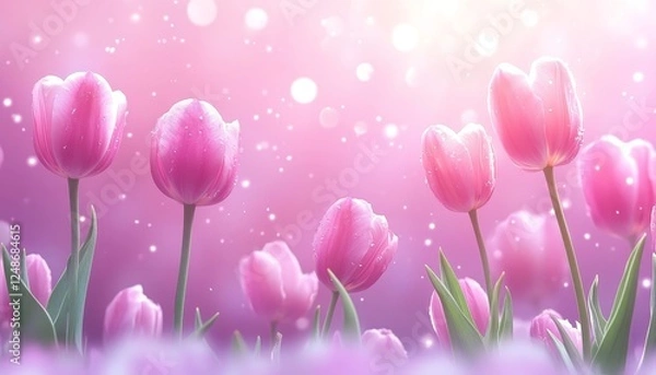 Fototapeta Field of Pink Tulips in Bloom, Bathed in Soft, Warm Sunlight with a Dreamy, Creamy Bokeh Background