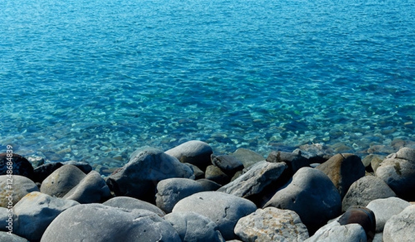 Fototapeta Summer beach paradise sea and rocks beauty of nature background texture web design meditation relaxation backdrop