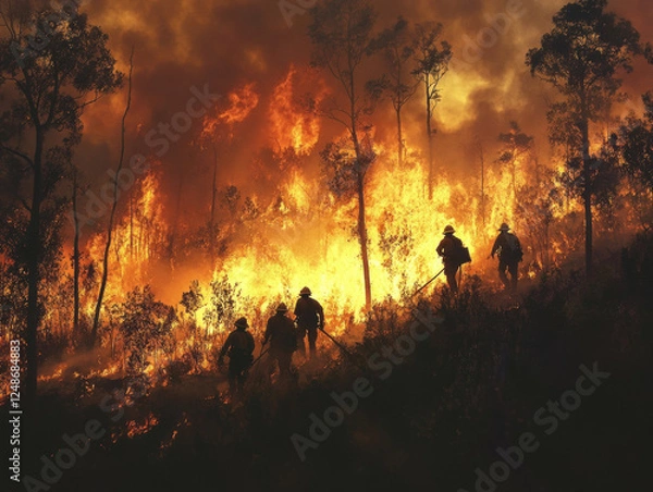 Fototapeta A fiery sunset in the forest with glowing flames, smoke, and burning trees, casting warm yellow and red light across the landscape The heat and fire create shadows in the evening sky