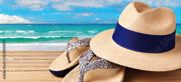 Fototapeta Summer straw hat  and sandals on the sandy beach on background of colourful coastal  sea surf and cloudscape web template banner travel destination advertisement design 