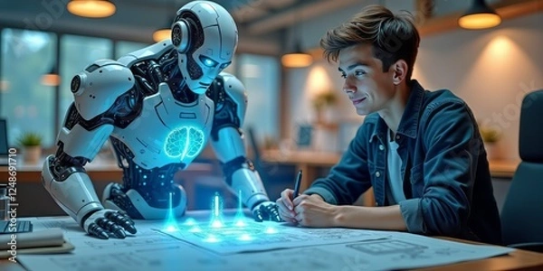 Fototapeta Ambitious college student at modern desk, captivated by glowing robots emerging from engineering papers, symbolizing innovation and the future of AI.