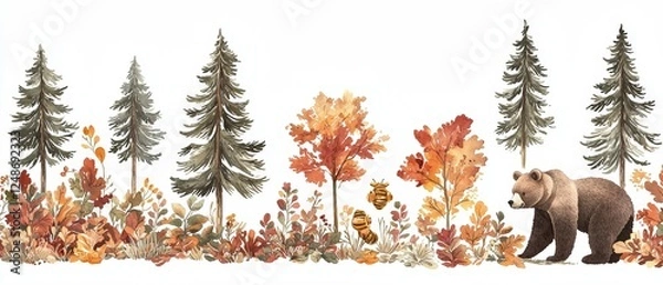 Fototapeta Cute Bear Watercolor with Honey and Fall Foliage Border in Soft Color Palette for Charming Decor