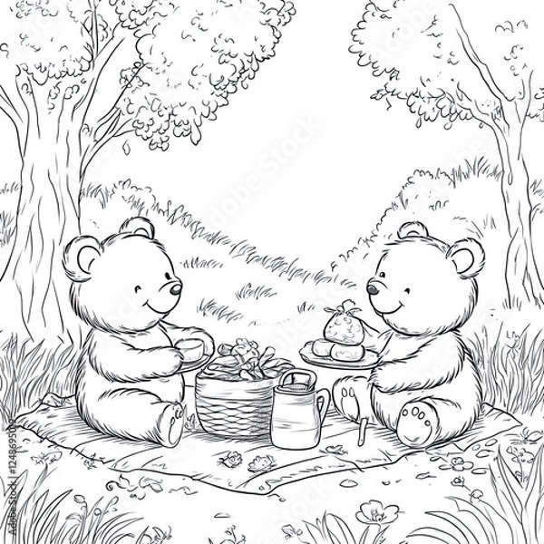 Obraz Adorable Teddy Bear Picnic Coloring Page Illustration Simple Design for Kids