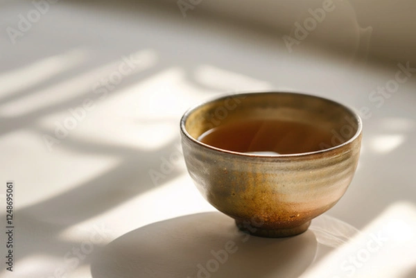 Fototapeta Ceramic tea cup with hot tea, set against a white background, with the light casting gentle shadows.