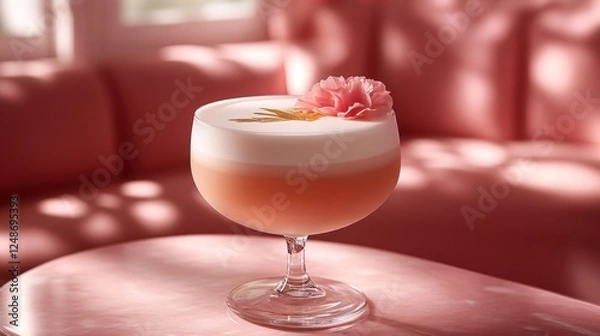 Fototapeta Elegant pink cocktail garnished with carnation flower and edible gold flakes, served in a glass on a pink table with a blurred pink sofa background.