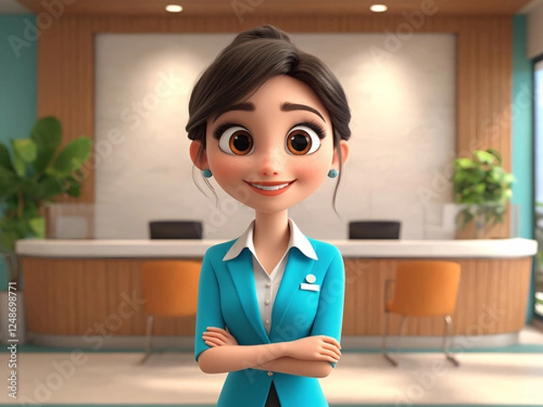 Fototapeta Portrait of a smiling businesswomen or manager  in reception with blank wall at background, cartoon 3d render, 300dpi