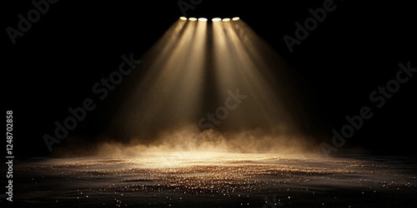 Fototapeta Golden spot light banner with the light beams falling on the presentation stage. Award ceremony banner, empty scene background with directed lights.