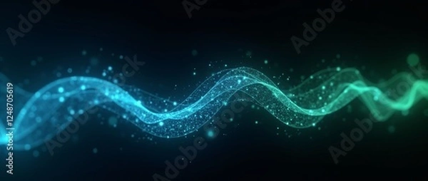 Fototapeta Abstract blue and green glowing particles wave on dark background with copy space. Digital sparkles flow. Futuristic technology, concept