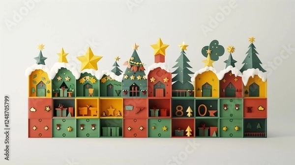 Fototapeta A holiday advent calendar with vibrant colors and detailed compartments, displayed on a clean white background.