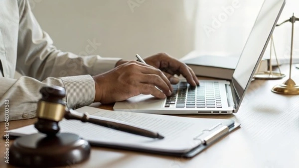 Fototapeta Hands Typing On Laptop With Legal Documents Gavel And Scales