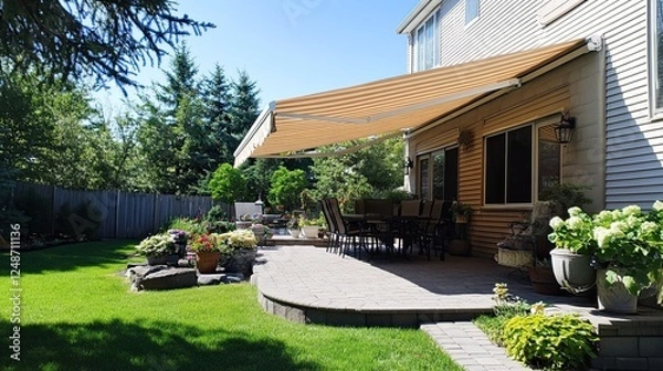 Obraz Elegant patio with retractable awning providing shade on a sunny day