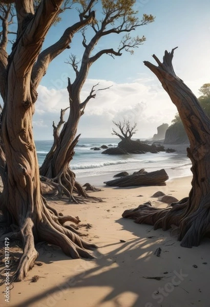 Fototapeta Seashore landscape with gnarled tree trunks and twisted branches, ocean, gnarled