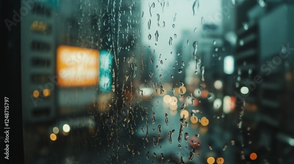 Fototapeta  Rainy City Night Through Window with Blurred Lights