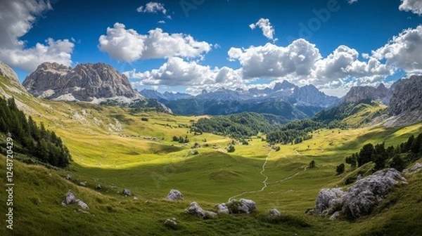 Obraz A panoramic view of the Italian Alps with rugged peaks and valleys, showcasing the natural beauty of the region.