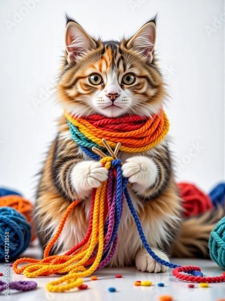 Obraz Playful cat with colorful yarn and cheerful expression on white background