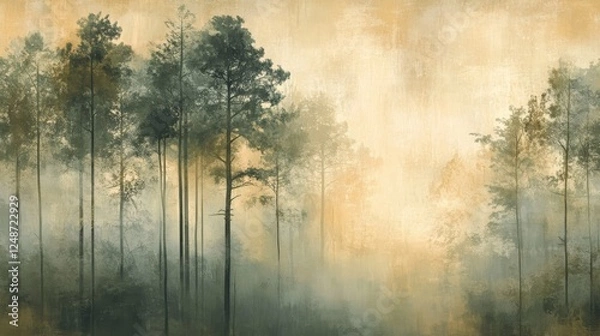 Fototapeta Misty forest landscape with tall trees against a soft background