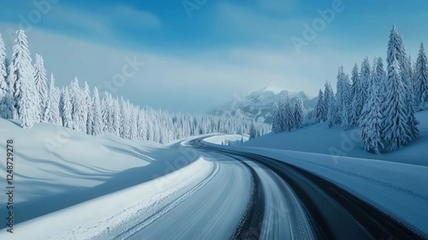 Fototapeta Snowcovered road through a dense pine forest, soft winter light filtering through trees, peaceful and magical holiday season vibe