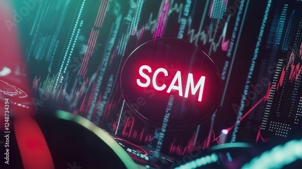 Obraz Glowing scam warning sign over digital stock market chart with financial data visualization, shallow focus