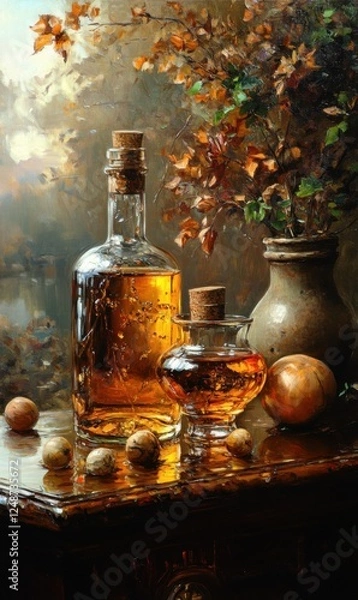 Obraz Warm tones of amber liquid and autumn leaves in a rustic setting