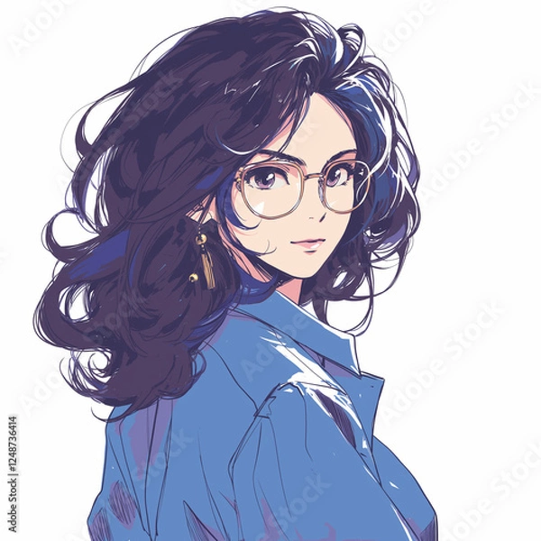 Fototapeta 80年代、眼鏡をかけたレトロアニメ風イラスト｜黒髪の美しい少女。日本のアニメをモチーフにした、アイコンにも使える素材。1 into 1 Ratio Size,square size 1:1