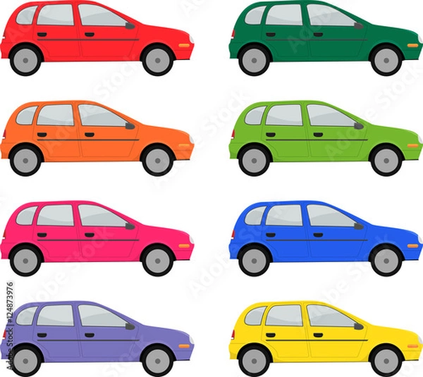 Fototapeta Vector illustration of a group of colorful hatchback cars.
