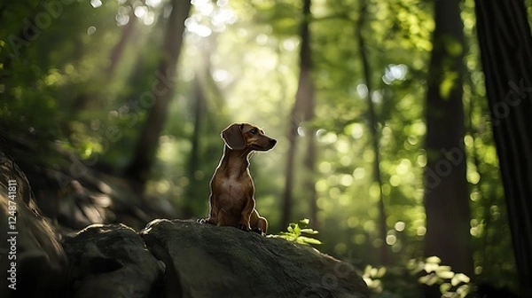 Fototapeta A small dog sitting contemplatively on a rock amidst lush greenery in a sunlit forest, capturing a serene and peaceful atmosphere