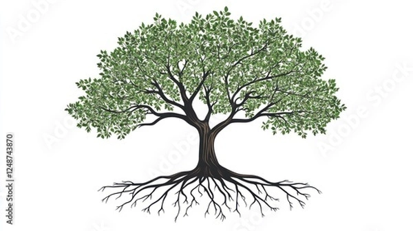 Obraz Lush green tree, strong roots, white background, nature illustration, website design
