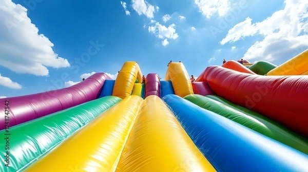 Fototapeta Giant inflatable slide with kids joyfully descending, vibrant colors, highenergy and playful amusement experience