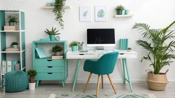 Fototapeta Professional Workspace with Teal and Green Decor, calm environment, desk lamp, productivity software, professional workspace