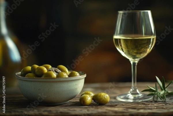 Fototapeta Wine glass and olives on rustic wooden table. Neural network AI generated