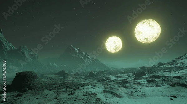 Obraz Otherworldly Duo: An Alien Landscape with Twin Glowing Moons