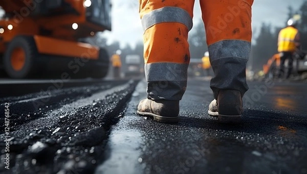 Fototapeta Asphalt Being Laid on Highway Under Construction with Worker in Reflective Gear