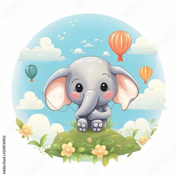 Obraz Adorable Vector Illustration of a Cute Elephant Flying on Air Balloon for Children's Book Cover and Wallpaper Designs
