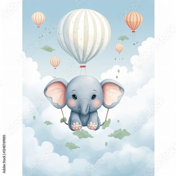 Obraz Adorable Vector Elephant Flying on Air Balloon Poster Design for Children's Decor and Print Material