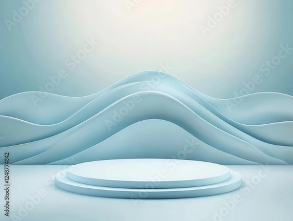 Fototapeta A serene and modern abstract background featuring soft waves and a circular platform, perfect for product displays or presentations. podium concept of digital tech blue light background.