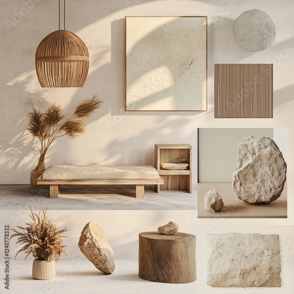 Fototapeta make a mood board for earthy minimal spa reception interiors, having earthy color pallette, natural elements like rattan lamp, wooden or stone reception table, simple wood couch, natural material 