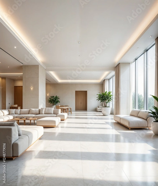 Fototapeta This image shows a modern and minimal interior with light colored furniture including a sofa and chair and several potted plants. The room has large windows that let in natural light.