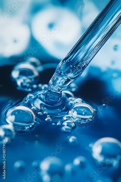 Fototapeta A close-up of an eyedropper filled with blue liquid, resting on the surface of water in which it is floating. The background shows small bubbles forming around its tip