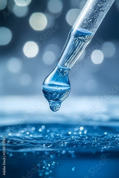 Fototapeta A close-up of an eyedropper filled with blue liquid, resting on the surface of water in which it is floating. The background shows small bubbles forming around its tip