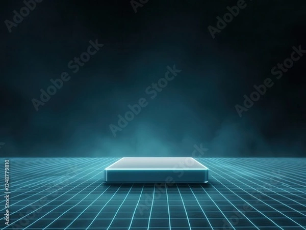 Fototapeta Futuristic digital platform illuminated in blue light, perfect for tech presentations or product showcases. podium concept of digital tech blue light background.