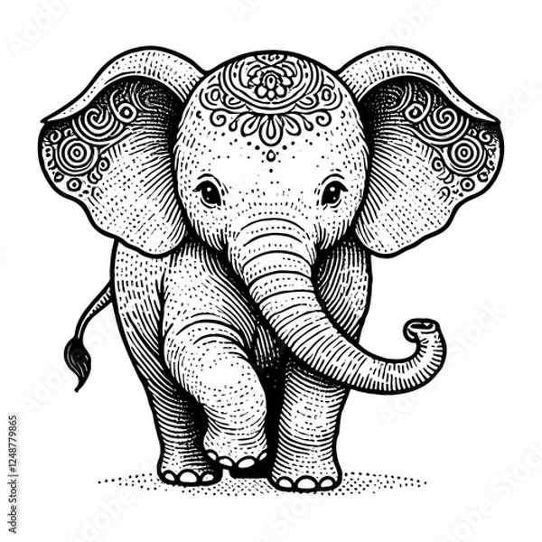 Obraz baby elephant adorned with traditional ornamental patterns, inspired by cultural and artistic motifs from India and Asia sketch engraving generative ai PNG. Scratch board. Black and white image.