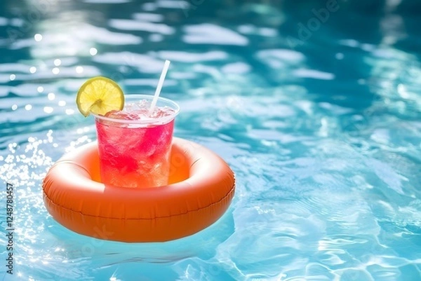 Fototapeta A photo of an inflatable cup holder floating on the water in a pool, with a cocktail inside. The image has a bright and sunny, summer vibe, and appears to be a product photography shot