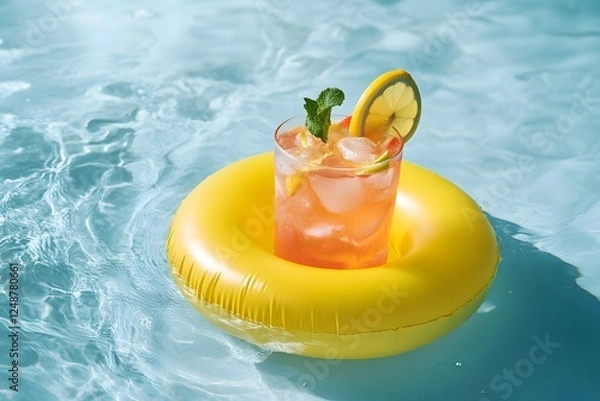 Fototapeta A photo of an inflatable cup holder floating on the water in a pool, with a cocktail inside. The image has a bright and sunny, summer vibe, and appears to be a product photography shot