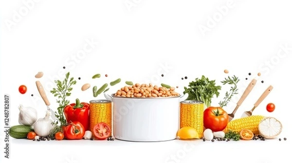Fototapeta Fresh vegetables and canned goods arranged artistically with herbs and spices on a white background