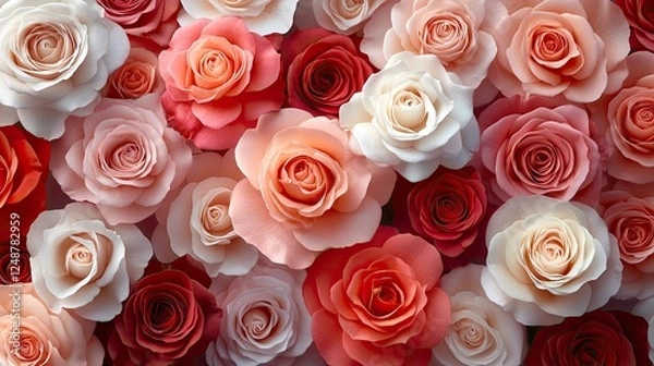 Fototapeta A vibrant array of roses in various shades, creating a stunning floral backdrop for decoration