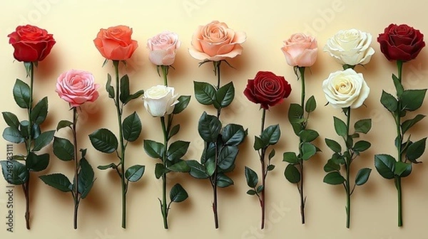 Fototapeta A vibrant arrangement of assorted roses in various colors against a soft yellow background