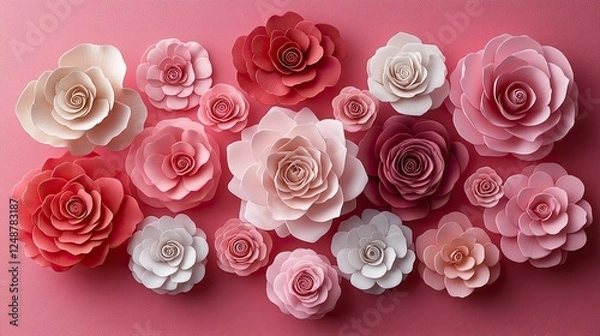 Fototapeta Beautiful arrangement of paper flowers in various shades of pink against a soft pink backdrop