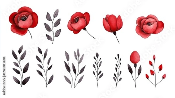 Fototapeta Collection of hand-painted red flowers and leaves arranged artistically on a white background